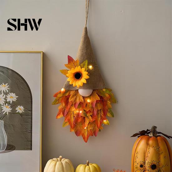 Rustic Fall Door Wreath Autumn Gnome Maple Leaf with LED Lights, Pointed Hat Housewarming Gift for Hanging, Farmhouse Harvest Thanksgiving Front Home