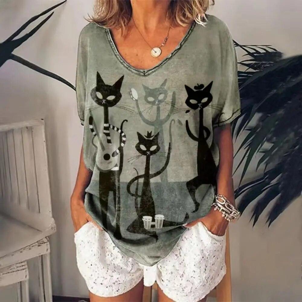 Summer Casual V-neck T-shirt Women's Cat Print Shirt Top Loose Vintage Women's Street Wear Short Sleeve Clothes XXS-6XL