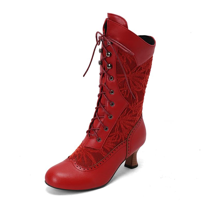 Женский костюм Косплей Обувь Ретро Ботинки до середины икры Выгоревшие Каблуки-рюмочки Передняя шнуровка Лоскутные ботинки