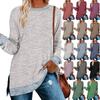 Autumn Winter Women T Shirts Solid Color Long Sleeve Round Neck Contrast Split Tops Loose Casual Plus Size T-shirt
