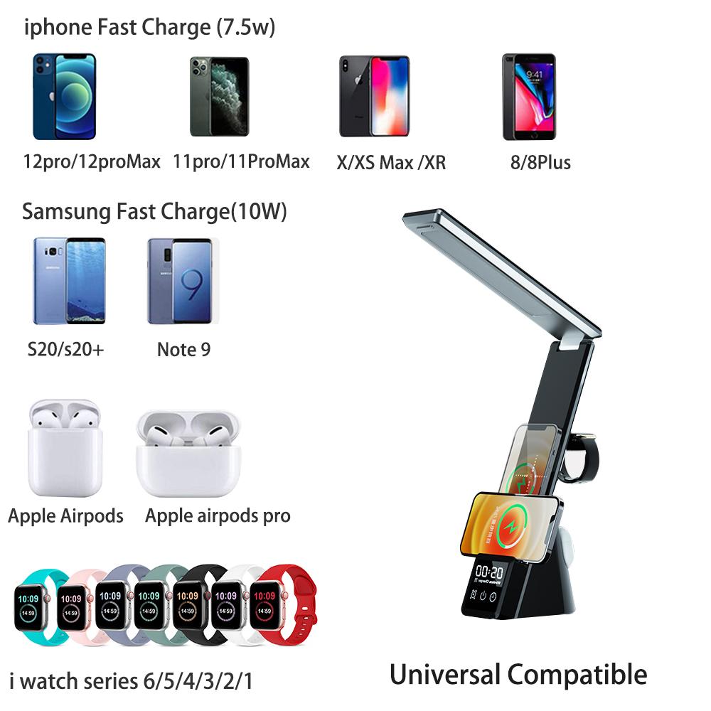 Alarm Clock Wireless Charger Stand With Led Desk Lamp 15w Fast Charging Station For Iphone 13 12 11 Pro Apple Watch Airpods