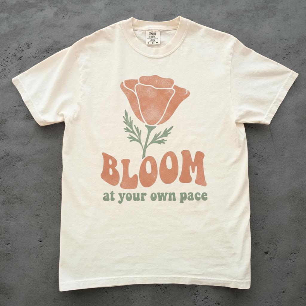 Bloom at Your Own Pace Shirt, Wildflower Poppy Tee, Unisex Comfort Colors, Boho Floral T shirt, Cottagecore Flower Gift, Motivational Shirt