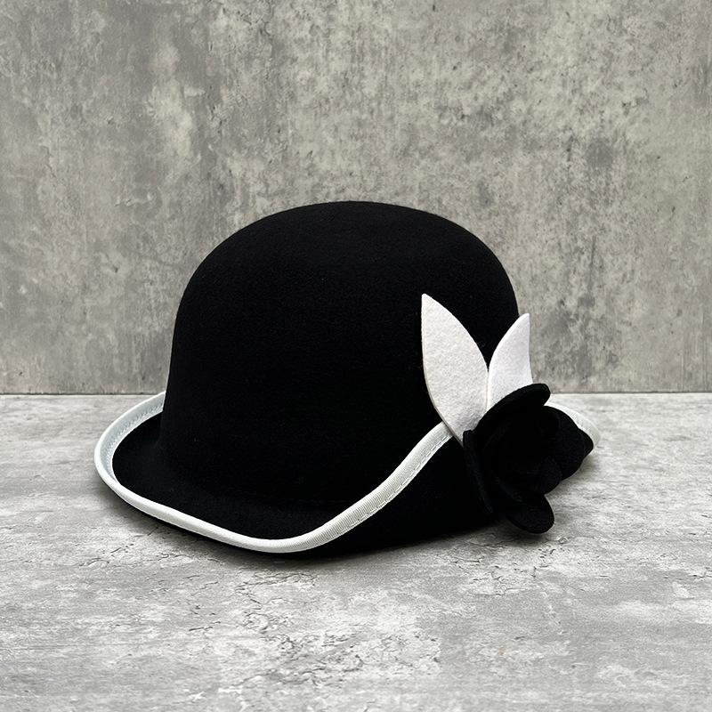 Шерстяная шляпа-ведро в стиле Хепберн, женская, французская, ретро, элегантная, шляпа-горшок с камелией, контрастная отделка, универсальная шляпа-топ