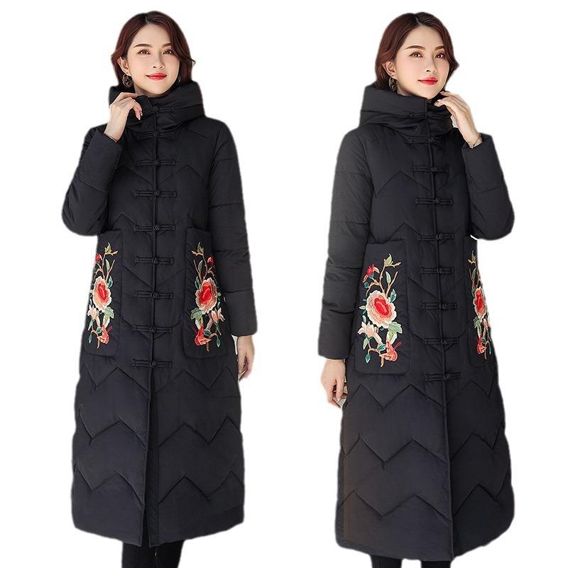 New Guofeng disc-buckled cotton-padded clothing women's medium and long knee-embroidered winter embroidered Chinese cotton-padded jacket