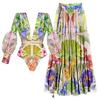 Floral Vacation V-neck Long Sleeve Flowers Printed One Piece Swimsuit and Skirt 2024