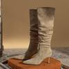 Модные осенне-зимние сапоги выше колена с длинным рукавом в стиле ретро, женские новые замшевые сапоги на высоком каблуке, остроносые сапоги на тонком каблуке