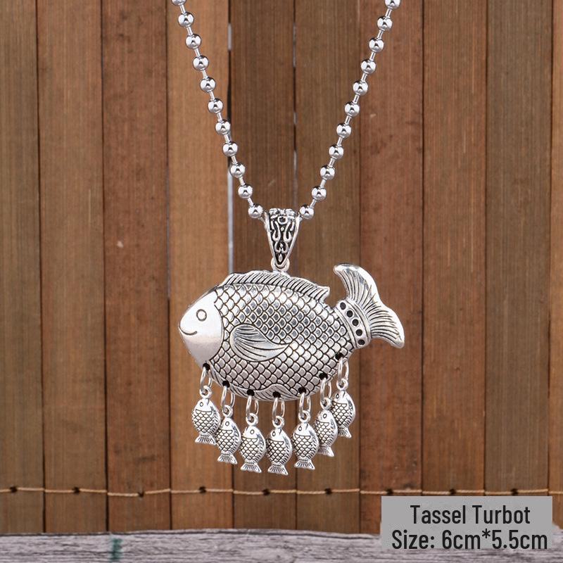Retro Silver Peace Lock Pendant Necklace - Four-sided Wealth Women's Long Sweater Chain In National Style