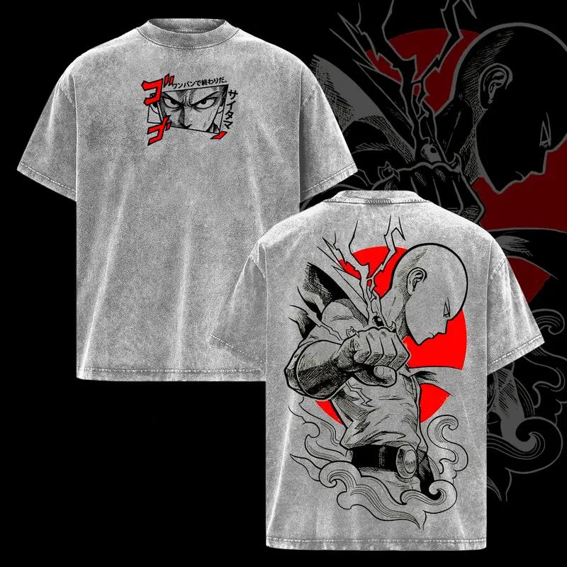 Saitama ONE PUNCH-MAN Anime Graphic T Shirt Men Short Sleeve Cotton Tshirts Vintage Washed Tee Harajuku Male Oversized T-shirt