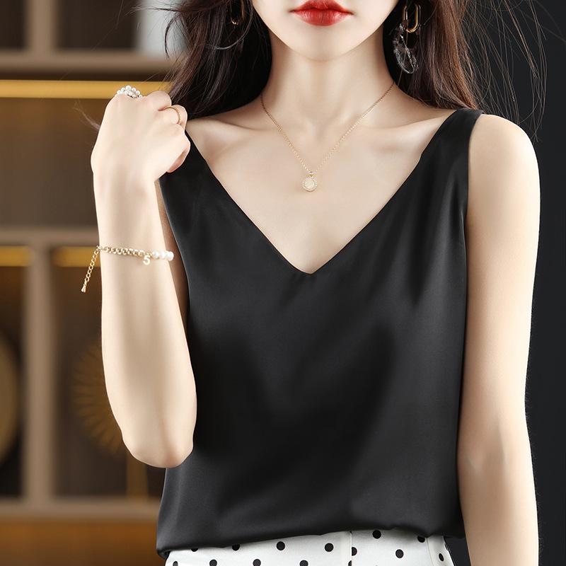 Женская летняя шелковая майка, атласный топ с V-образным вырезом, уникальный базовый слой.