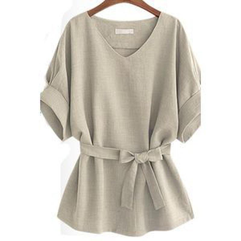 Summer V-Neck Cotton & Linen Bat Sleeve Shirt - Loose Fit, Plus Size Trend