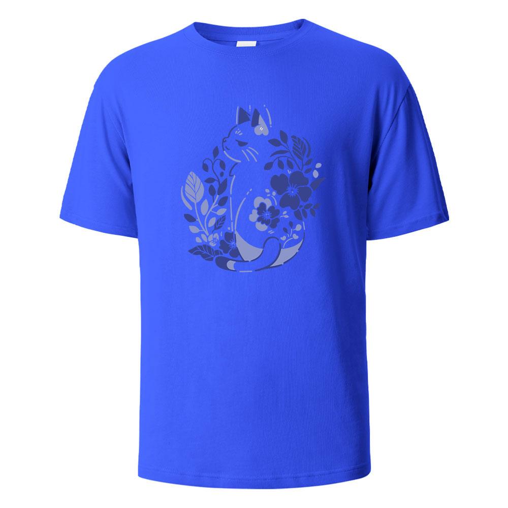 Mens Printed TShirt Blue And White Porcelain Cat Graphic 100Cotton Oneck Shortsleeved Tees For Men Women Summer Fashion Tops