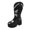 Fashion New Western Embroidered Cuff High Top CowGirl Boots Thick Bottom Waterproof Female Boots Round Toe Mid Heel Pure Color Rubber So