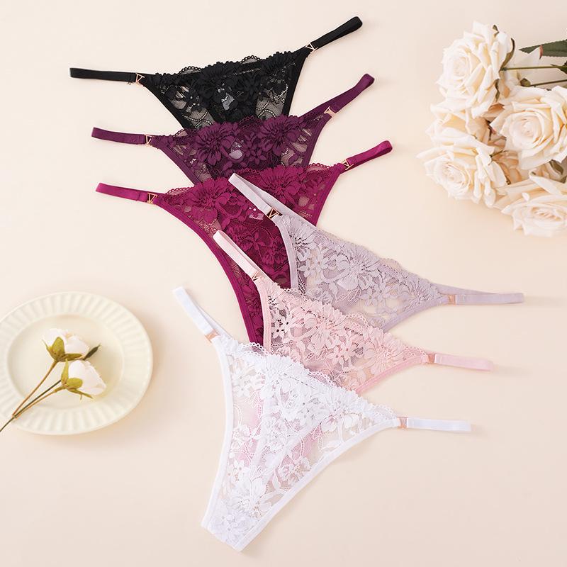 Temu Трусики-стринги с низкой посадкой, кружевной отделкой, однотонные, прозрачные, сексуальные для женщин