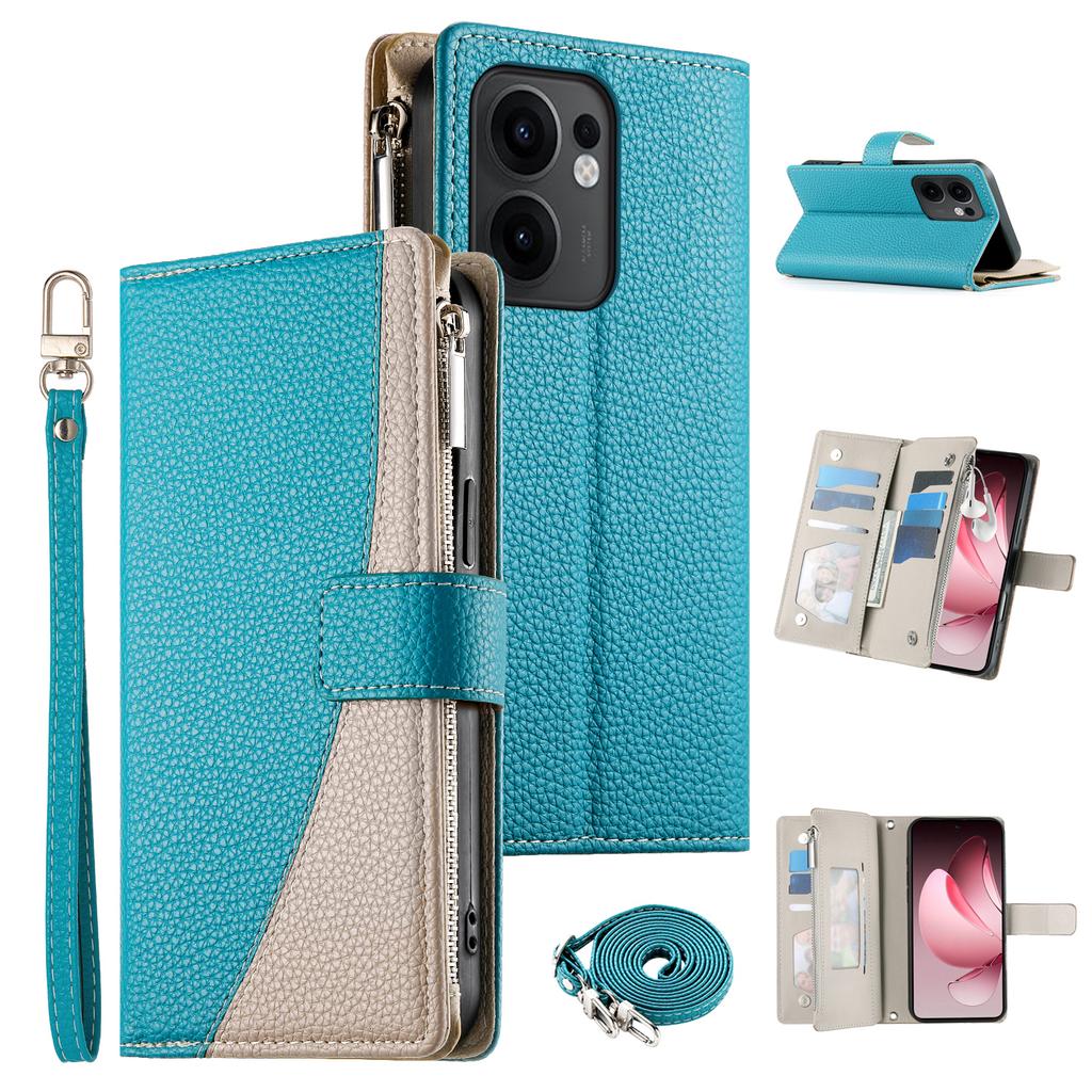 For Oppo Reno13 F 5G Case Zipper Wallet Color Splicing Leather Flip Phone Cover with Straps