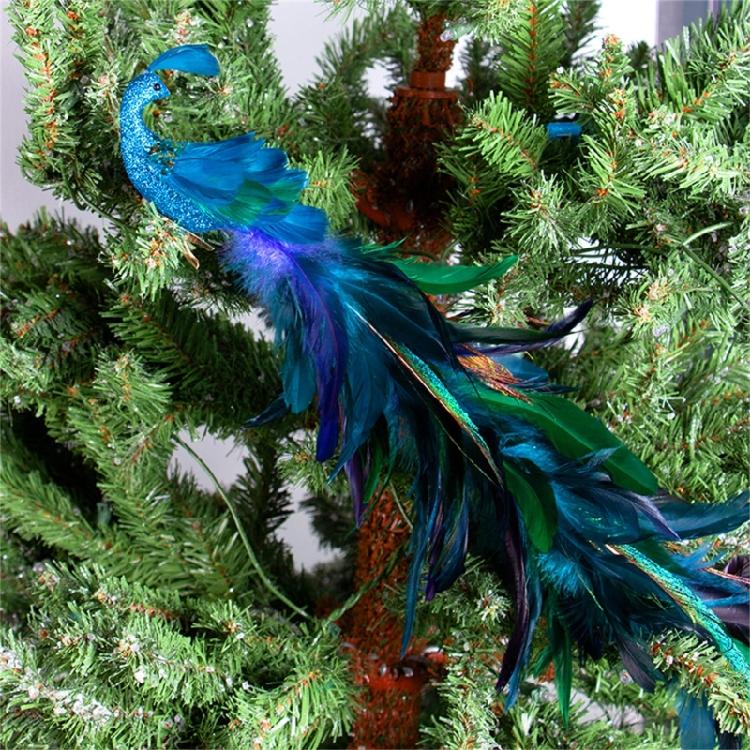 2Pcs Artificial Natural Feathered Peacocks with Long Tail Designs Christmas Tree Clip on Ornaments for Home Party Decor