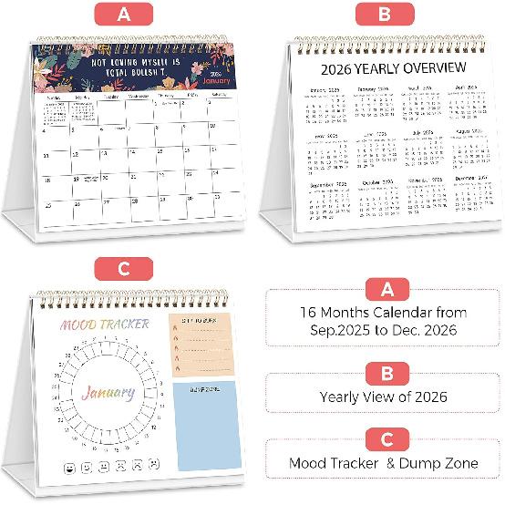 SKYDUE Small Desk Calendar 2025-2026 - 8" x 7", Sept 2025 to Dec 2026 with Sassy & Motivational Quotes, Thick Paper Standing Flip Desktop Calendar