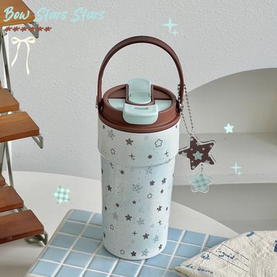 Милая бутылка-термос со звездочкой с соломинкой и ситечком для чая, 500 мл, кавайная, из нержавеющей стали, керамическая, термальная, для воды, портативная кофейная кружка