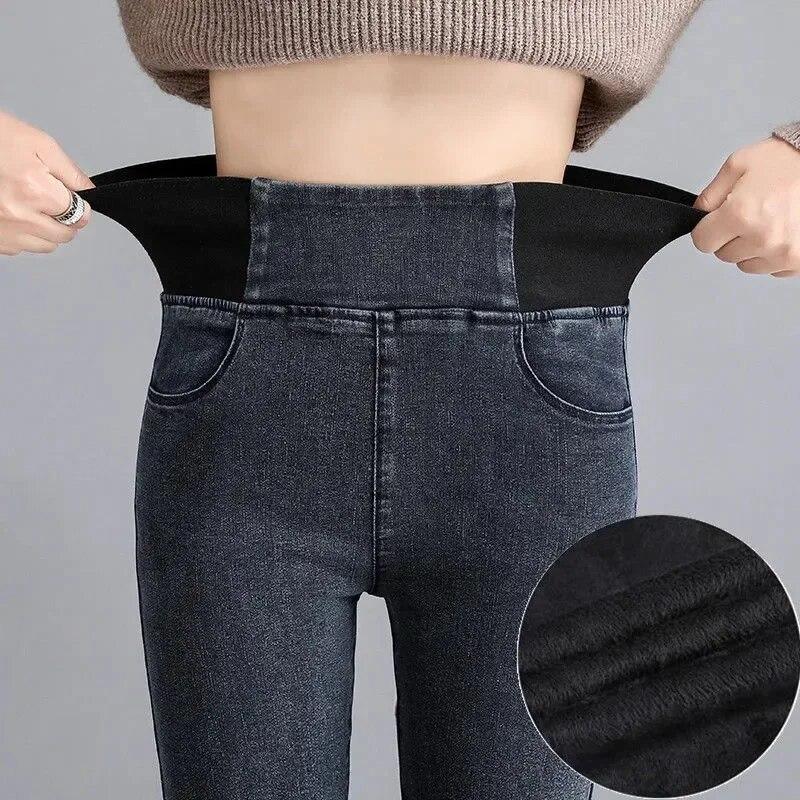Sexy Slim Denim Jeans For Women Winter Fashion Warm Velvet Thickened Elastic Waist Ladies Pencil Pants Casual Trousers 30261