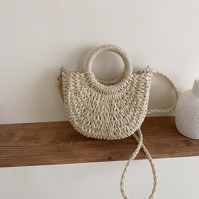 Yogodlns Соломенная сумка женская сумка ручной работы в форме луны с кружевным бантом, сумка из ротанга, большая вместительная повседневная пляжная сумка через плечо на шнурке