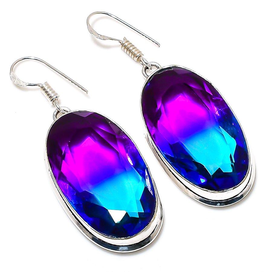 Bi-Color Tourmaline Gemstone Handmade 925 Sterling Silver Earring 2.09" p0N74