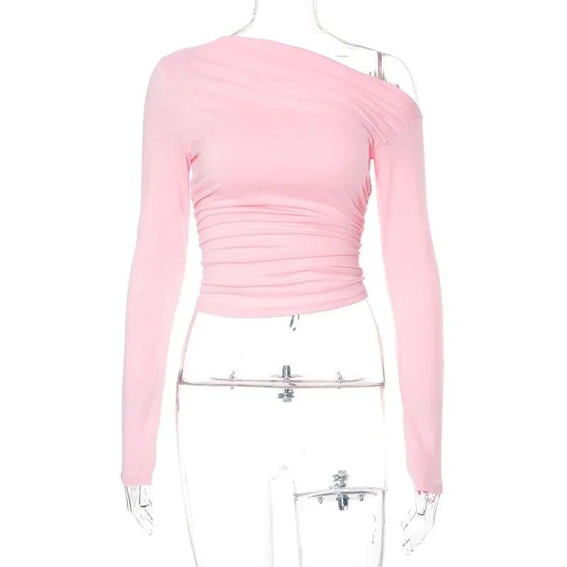 Осенняя однотонная футболка, модная женская повседневная плиссированная рубашка с длинными рукавами, сексуальные топы, женские мягкие футболки, женская одежда 29847