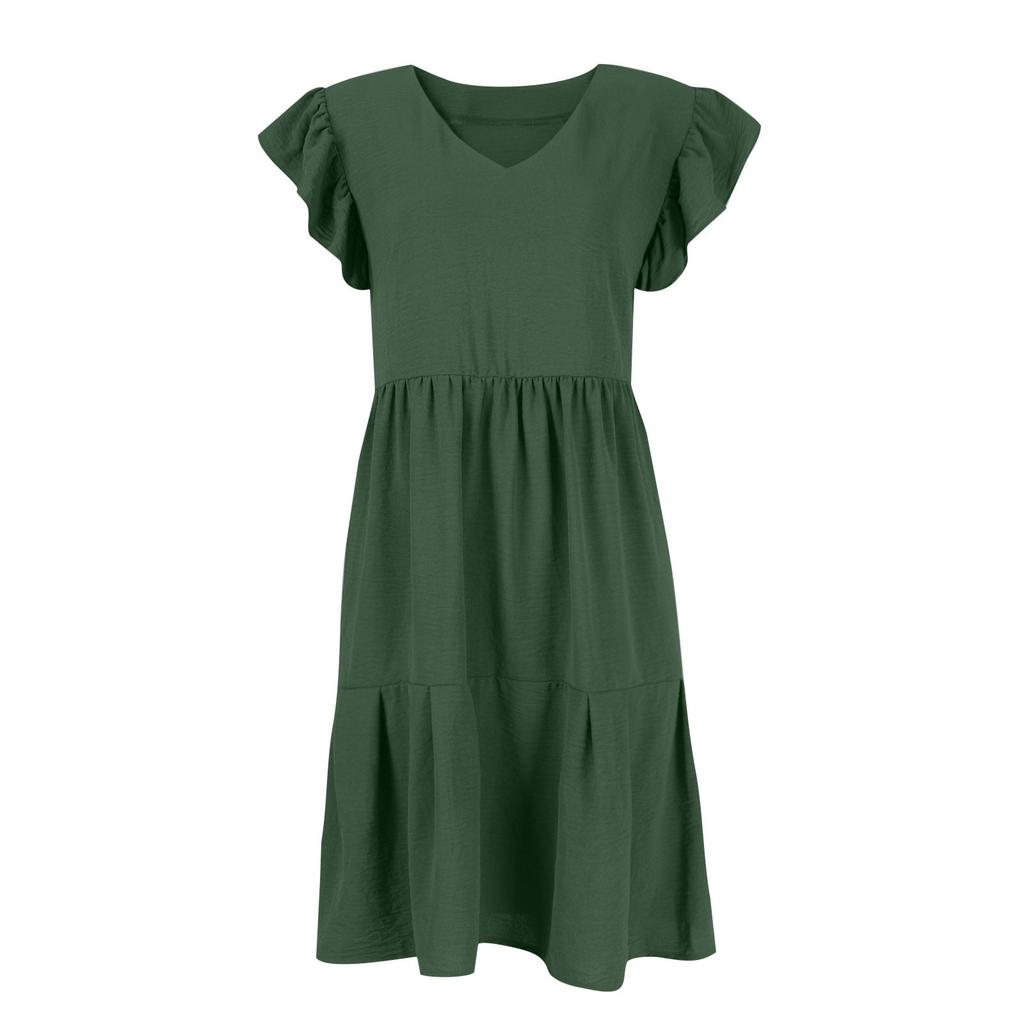 Женские летние повседневные однотонные платья с короткими рукавами и V-образным вырезом, многоуровневые платья с рюшами и трапециевидной формы с карманами