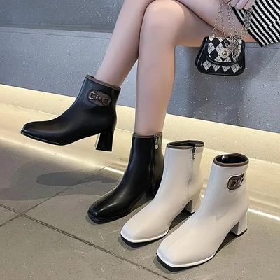 Трансграничные Ботильоны на Высоком Каблуке Большого Размера Женские 2024 Осень и Зима Новые Простые Модные Ботильоны с Квадратным Носком и Толстым Каблуком