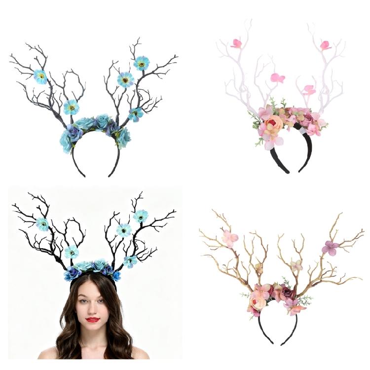 10Pcs Flower Antler Headbands Deer Horns Hairband Floral Reindeer Headpiece for Women Girls Halloween Cosplay Party Photo