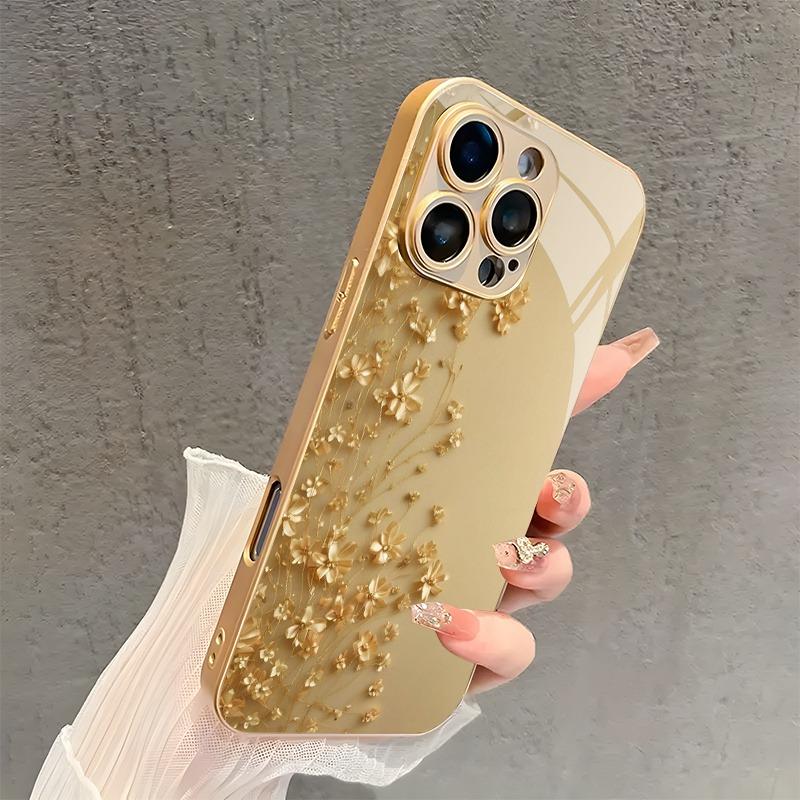 Элегантный Золотой Цветок Золотая Металлическая Краска Стеклянный Чехол Для Телефона Для iPhone 17 16 15 14 13 12 11 Pro Max 15 14 Plus 17 Air 16E Чехол