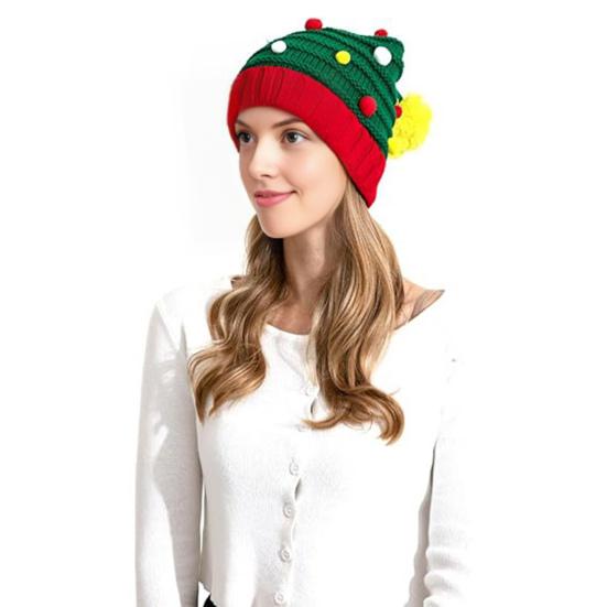 Рождественская вязаная шапка красно-зеленая лоскутная цветная вязаная шерстяная шапка с помпоном праздничная шапка для праздничной вечеринки