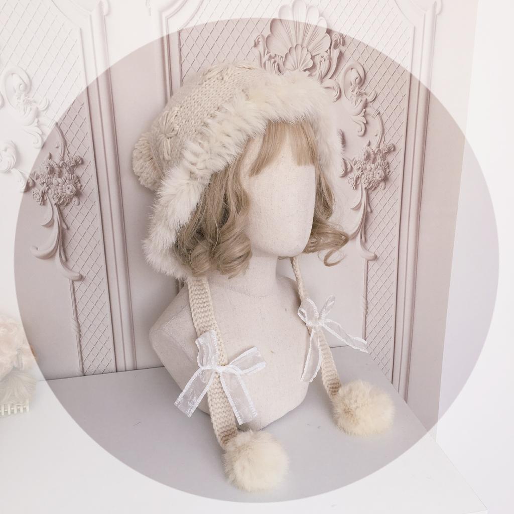 Hat Soft Lolita Element Autumn and Winter Warm Rabbit Fur Ear Protection Hat Knitted Wool Hat Cute Fur Ball