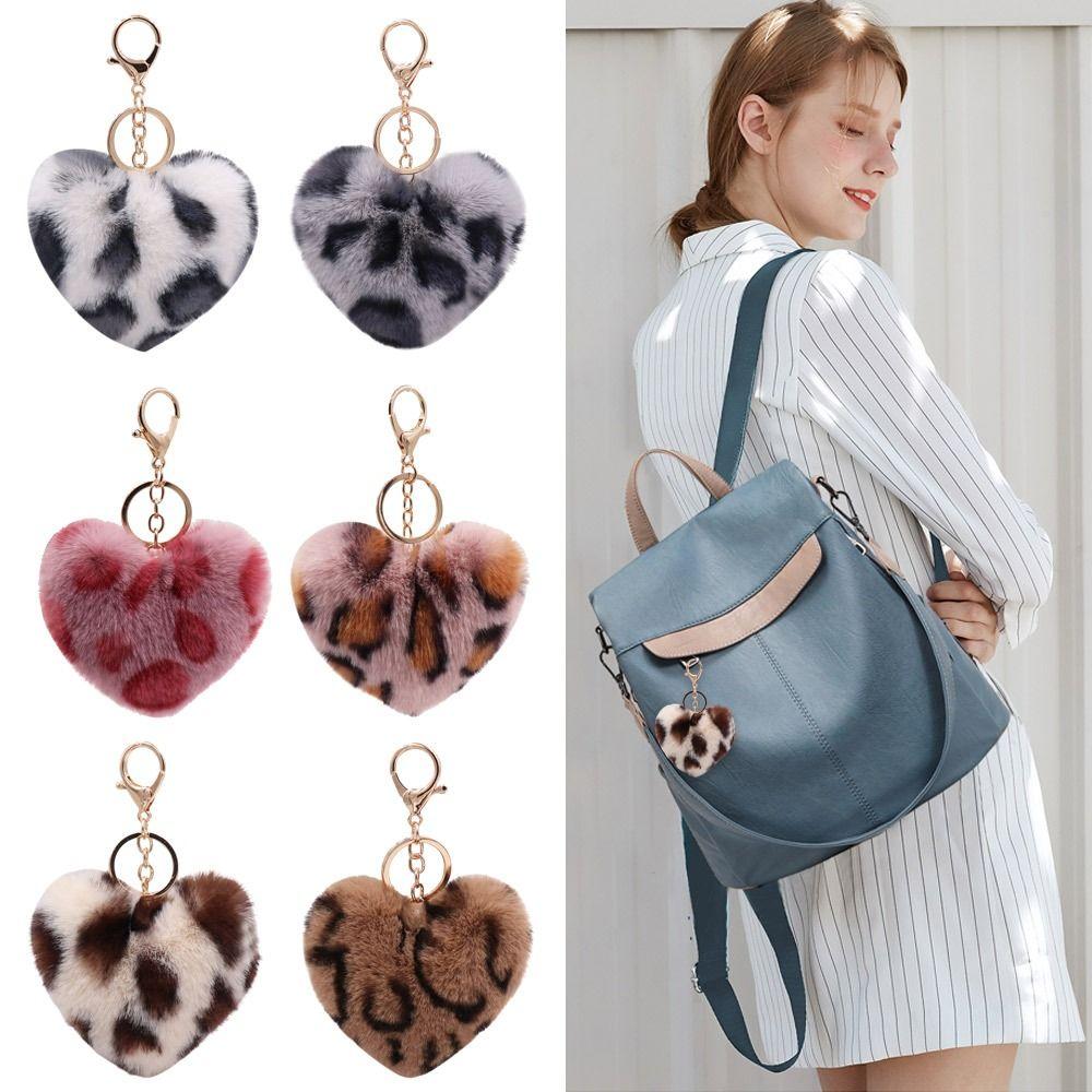 2Pcs Leopard Pattern Plush Keychain Multicolor Keyring Adorable Peach Heart Pendant Keychain  Key