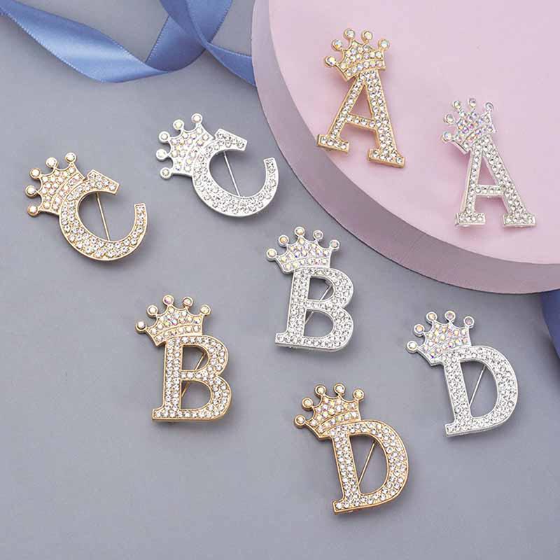 Fashion Crown 26 Initial Letters A To Z Crystal Rhinestone Brooch Pins Women