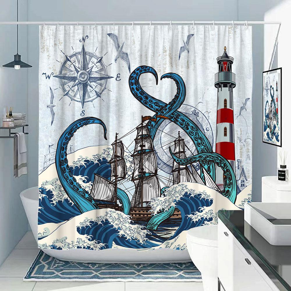 Octopus Bath Shower Curtain Nautical Ocean Sea Turtle Beach Coastal Navy Blue Fish Seashell Jellyfish Fabric Bath Curtains Bathroom Decor