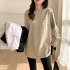 White Mid-length Pocket Loose Long-sleeved T-shirt for Women Spring, Autumn and Winter New Style Drawstring Button Design Niche Bottoming Shirt