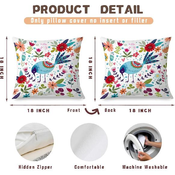 Boho Floral Bird Pillow Cover 18x18 Inches, Colorful Flower & Bird Pattern, Rustic Botanical Home Decor, Nature Lover Gift, Farmhouse Accent