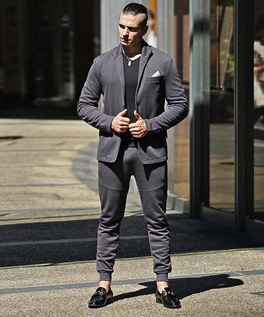 Комплект из толстовки, верха и низа, итальянский воротник, приталенный пиджак, воротник-стойка, узкие спортивные брюки, спортивные штаны Joker XL, угольный [Sam Dif] для мужчин