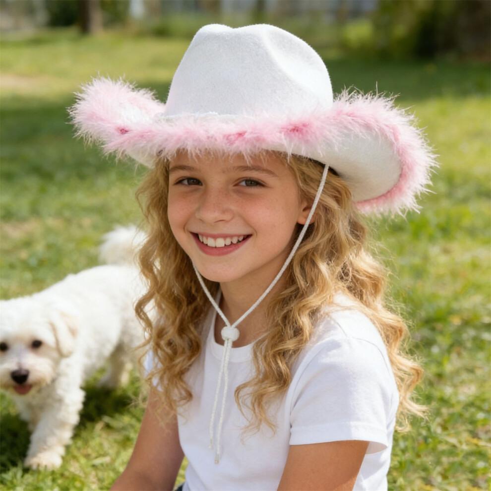 (M, White) Girls Cowgirl Hat Plush Edge Stylish Western Sun Hat with Pearl Ribbon Bow Belt Decor