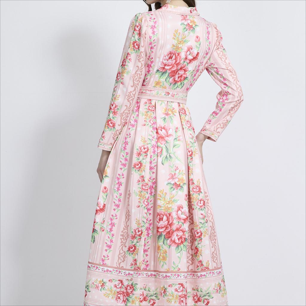 Весенне-осенние женские однобортные длинные праздничные пляжные платья с винтажным принтом макси с поясом