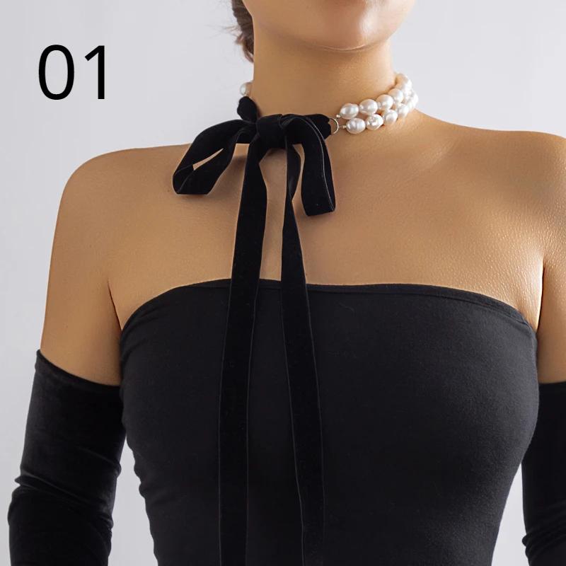 Trend Wedding Party Jewelry Long Black Ribbon Choker Necklace for Women Elegant White Imitation Pearl Beach Vacation Necklaces