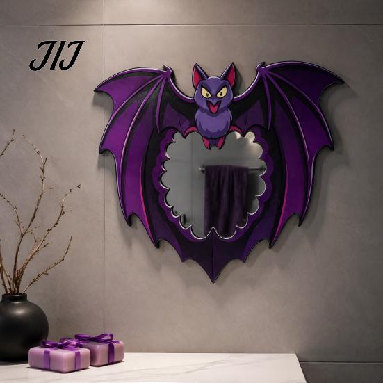Creative Holiday Wall Ornaments Halloween Wooden Decorative Mirror, Pumpkin Ghost Bat Witch Cartoon Mirror Decor, Fun for Entryway Party, Festive Home