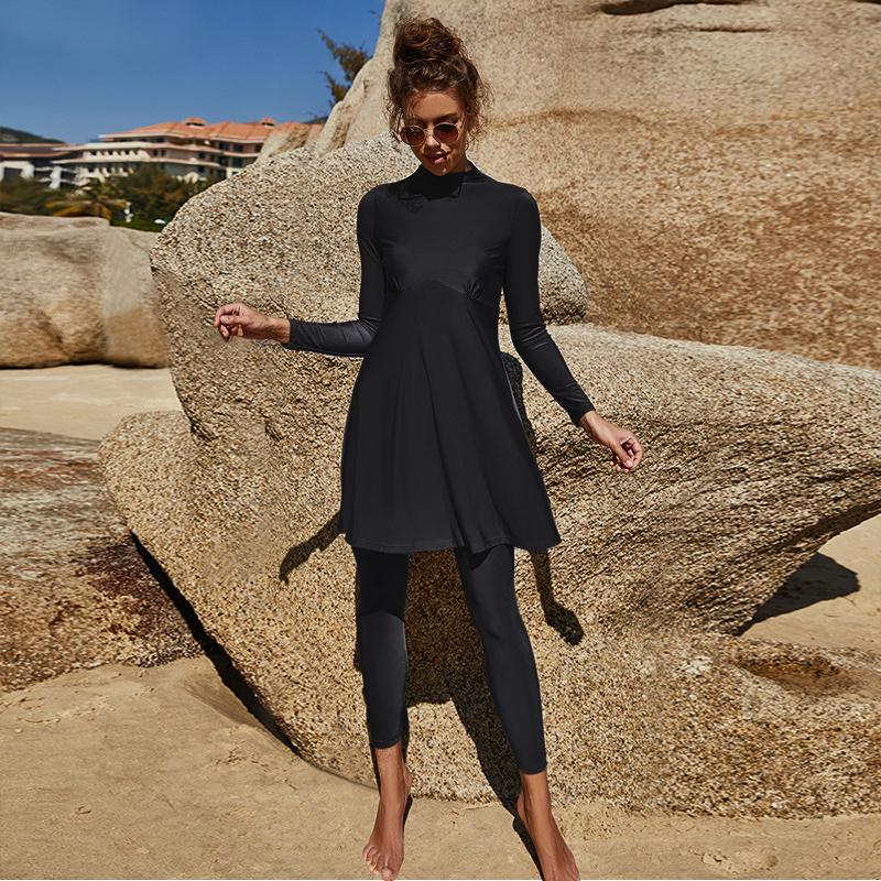 New S-XL Women Muslim Swimwear Slim Long Sleeve Islamic Swimsuit Summer Arab Beach Bikini Modest Full Cover Swimwear Swimming Burkini