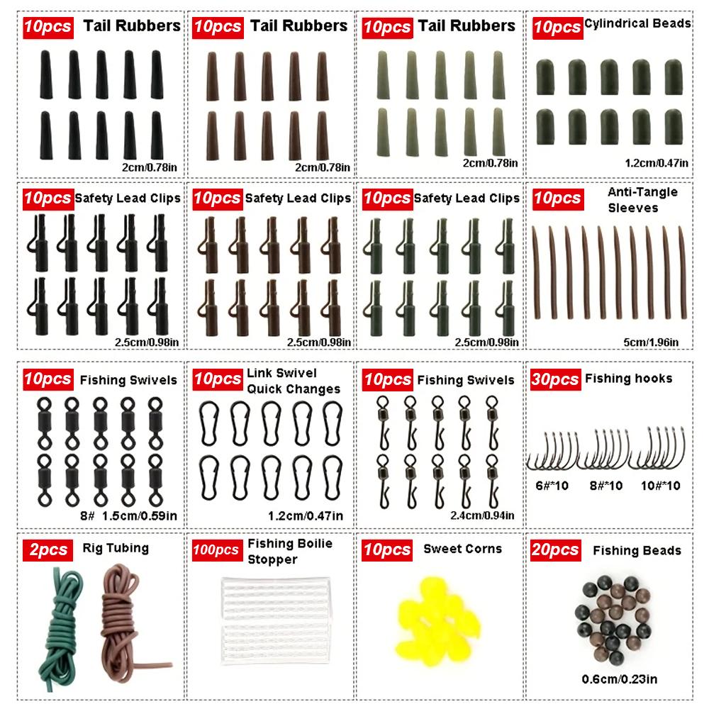 272Pcs Carp Fishing Terminal Tackle Kit Beads Snap Swivel Anti Tangle Sleeves Connector Tip Tube Positioner Carp Hooks With Box