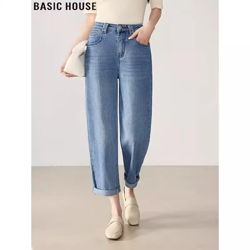 Базовые женские джинсы Basic House прямого кроя с высокой талией, укороченные