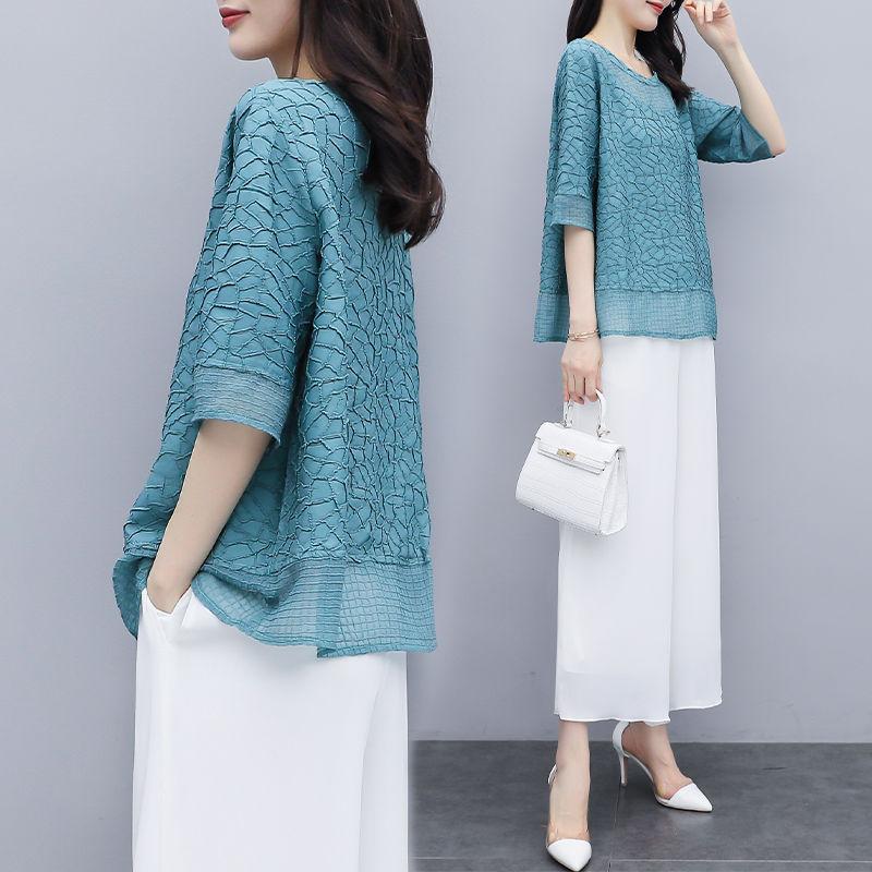 Летняя повседневная и модная женская шифоновая блузка большого размера с принтом, модная, с рукавами средней длины, свободная