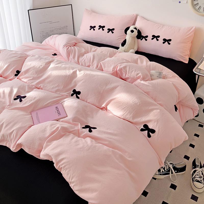 Комплект из четырех предметов из стираного хлопка, комплект из трех предметов для спальни с бантом, простыня, пододеяльник, принадлежности