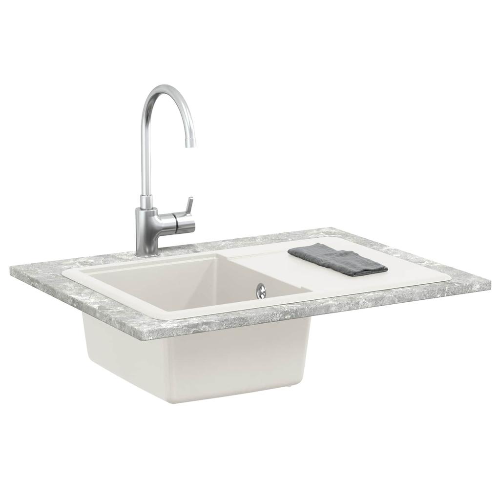 White Kitchen Sink 670 x 460 mm Made of 80percent Quartz and 20percent Resin
