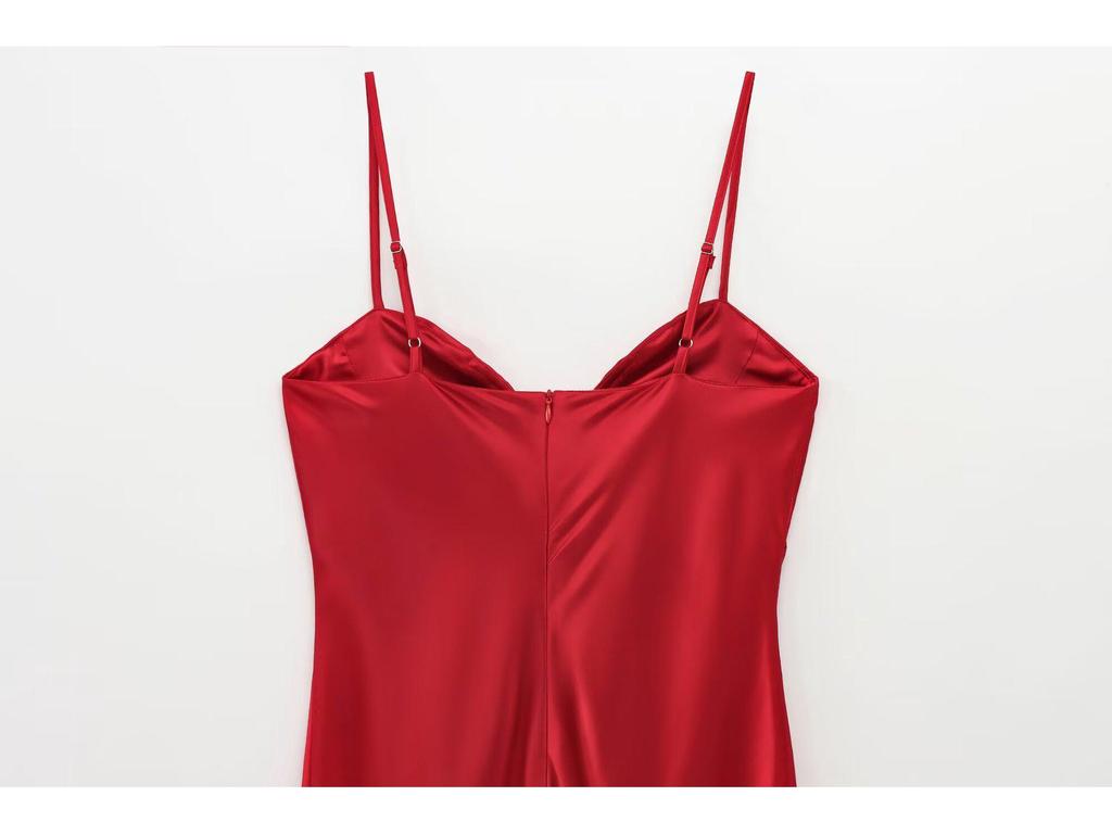 2025 Spring Women's European & American Style Silk Satin Red Heart Neckline Midi Dress