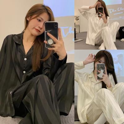 Женский костюм-2 шт. Ice Silk, пижама, весна и осень, с длинными рукавами, повседневная, в полоску, простая, свободная, домашняя одежда, женская одежда для отдыха