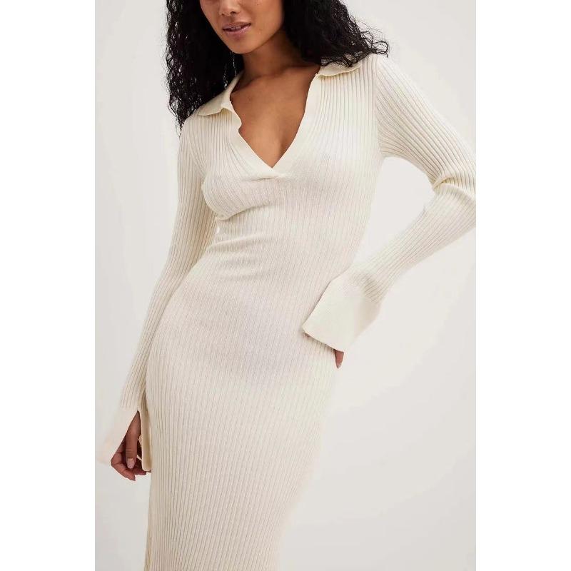 Autumn and Winter Women's Long Sleeve Dress Knitted Deep V Sweater Long Dress